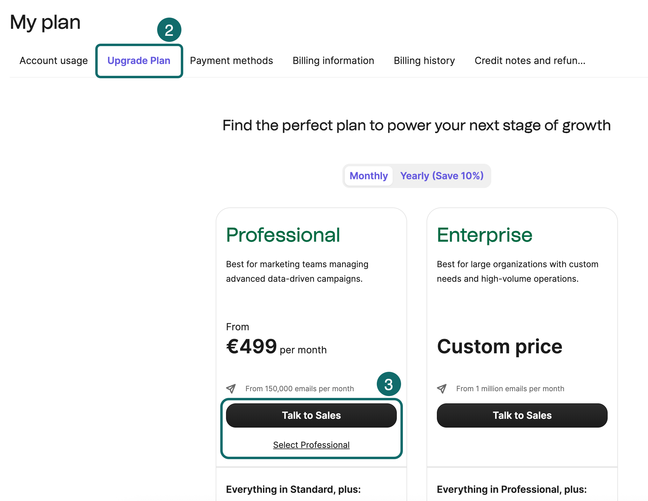 Brevo plan selection screen showing Professional and Enterprise pricing options