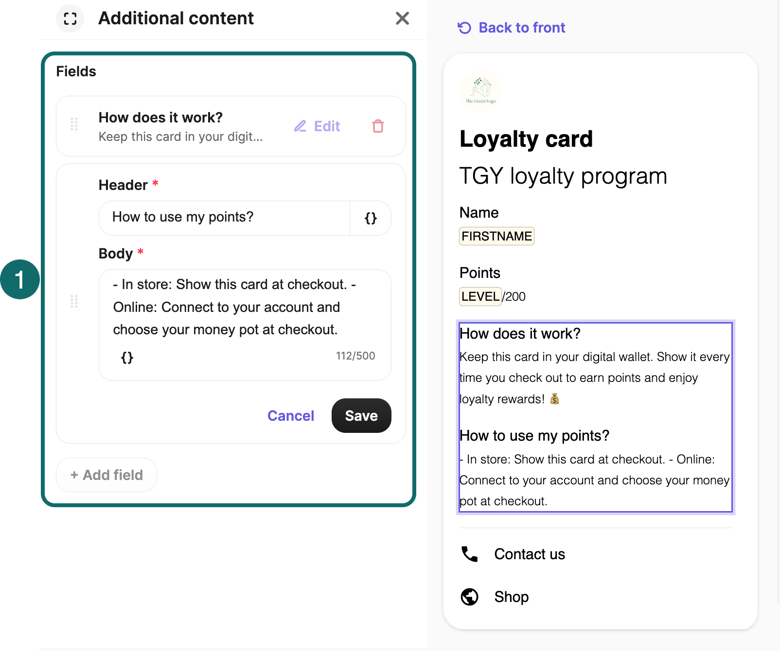 Panel de configuración del contenido adicional de Google con los campos de encabezado y cuerpo