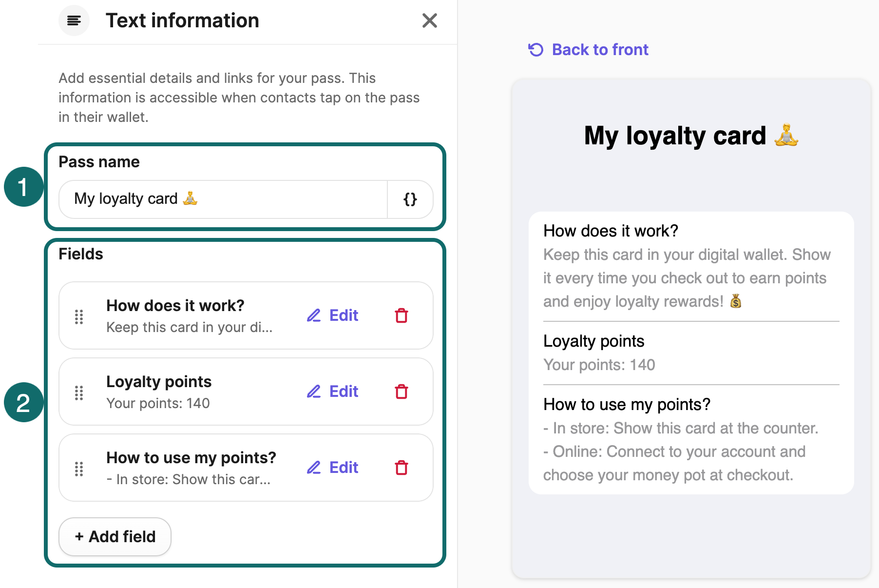 Painel de configuração de informações de texto da Apple mostrando o nome do passe e os campos no verso do passe