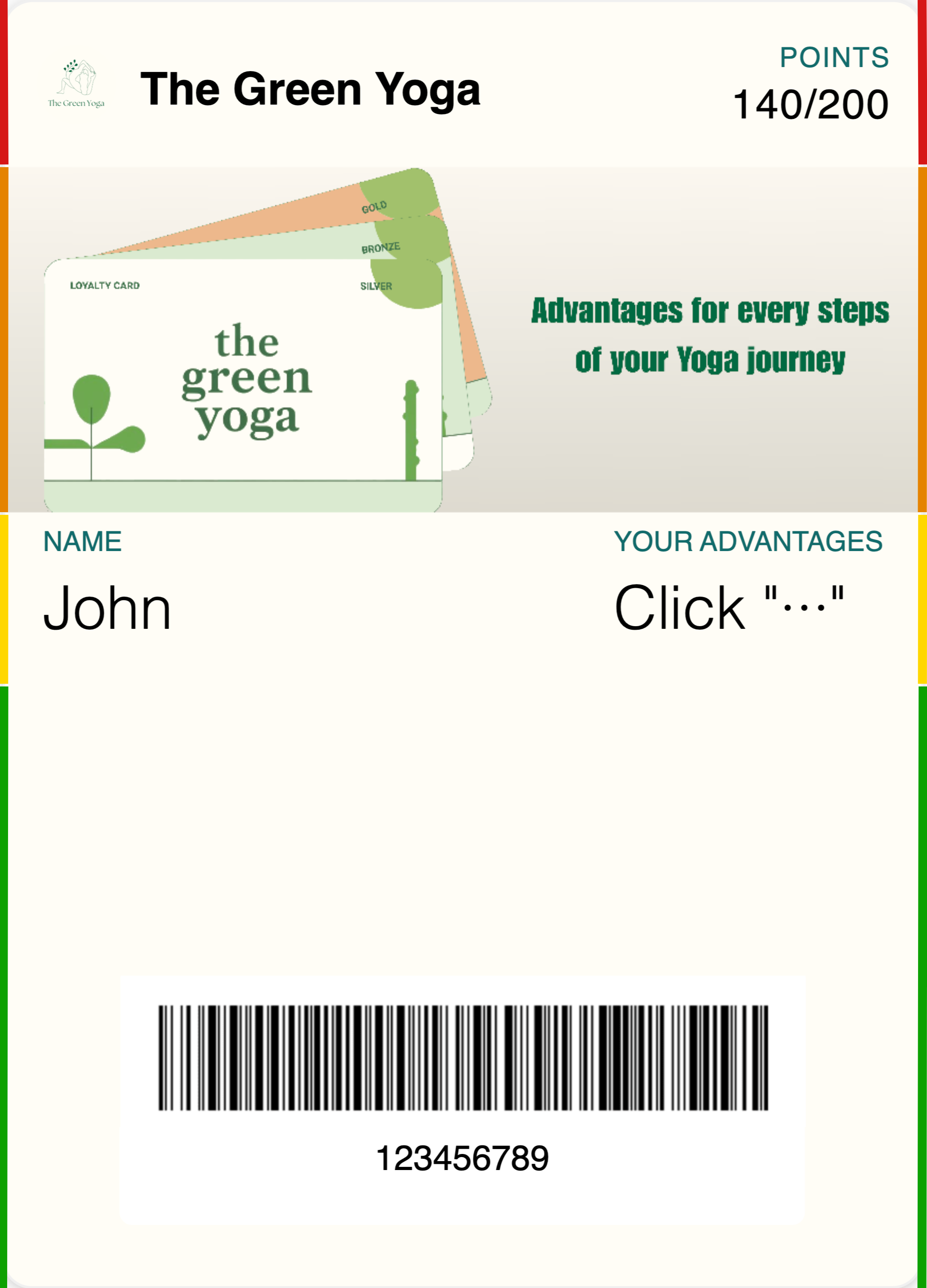 Anverso del pase de Apple Wallet en el que se muestran el logo, el nombre del programa de fidelización, el nombre del miembro, los puntos y el código de barras